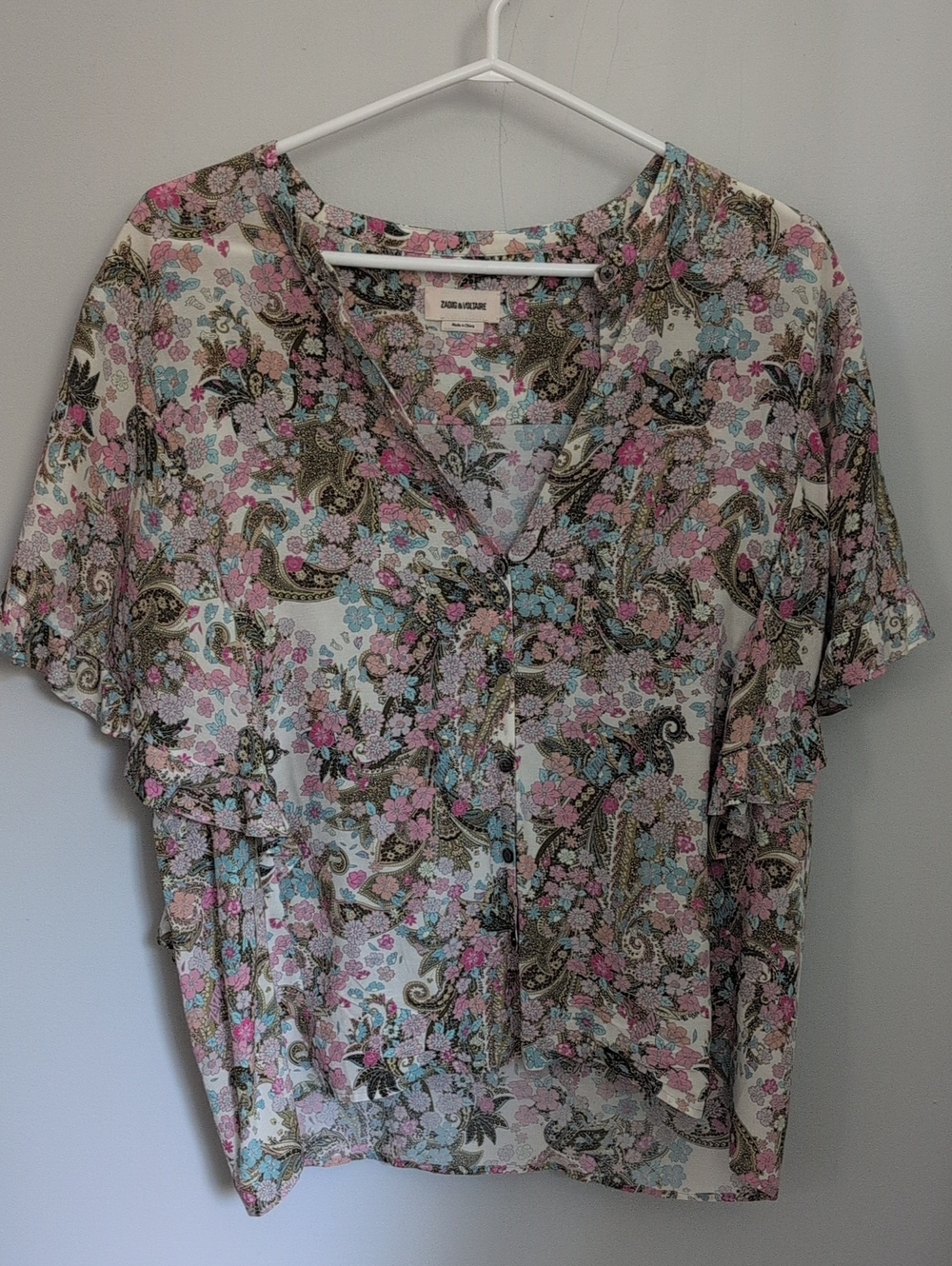 Zadig & Voltaire floral Paisley Short Sleeve Blouse - Pink/Blue Size 8